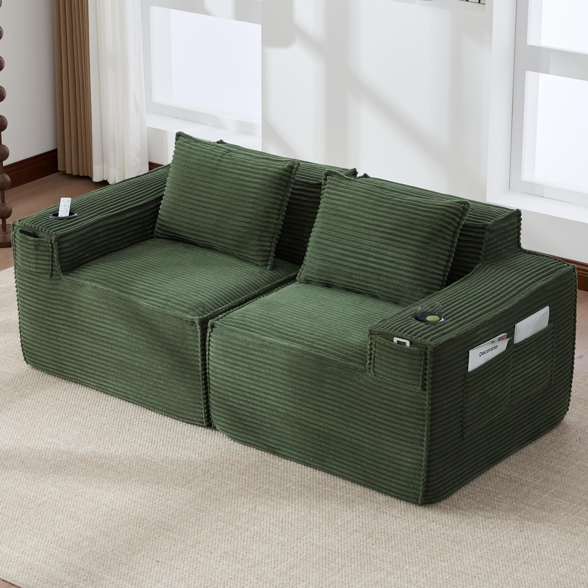 Modular 2-seater corduroy sofa with drink