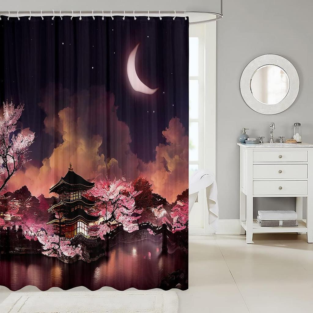 Japanese Style Moon Cherry Blossom Shower Curtain - Romantic Night Sky Scenery Bathroom Decor Women - Exotic Pink Waterproof