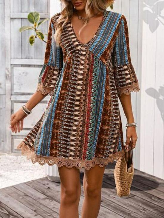 V-neck Printed Casual Long Dress - Summer European & American Style S