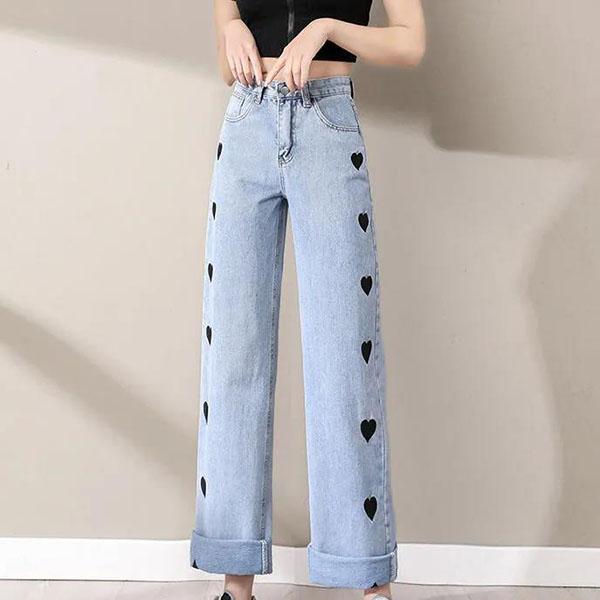 Women's Large Size Printed Long Jeans Female Casual Wide Leg High Waist Pants Loose Versatile Street Style Straight Pants