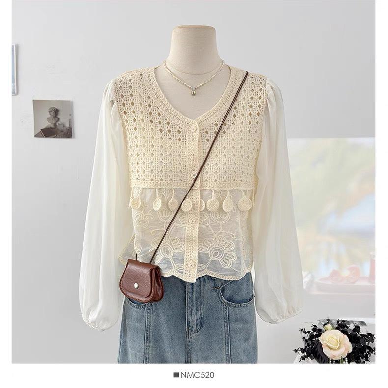 Ethnic Style Hollow Hook-up Splicing Bubble Sleeve Knitted Sweater Summer Thin Round Neck Age-reducing Loose Short Top Women