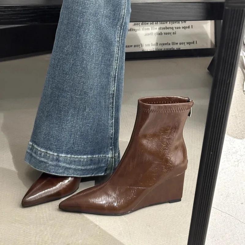Fashion Brown Pointed Toe Wedge Heel Booties Back Zipper Skinny Boots Skinny Autumn Winter Shorts