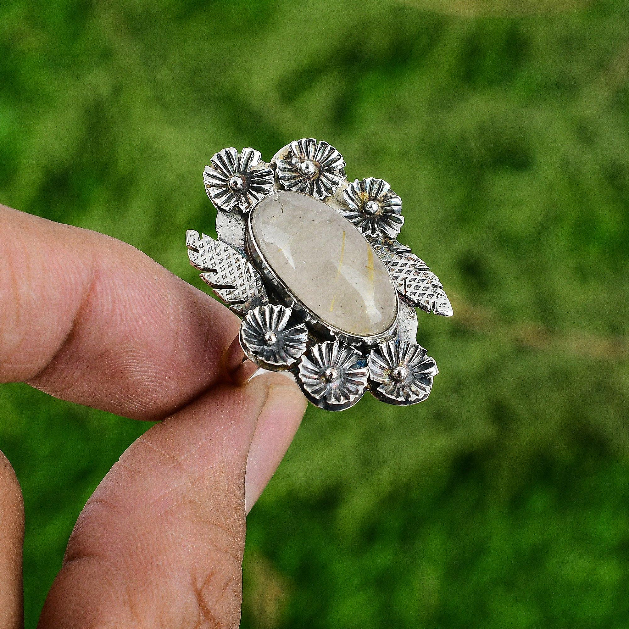 

Подарок для нее Натуральный золотистый рутил Мультикамень Цветок Регулируемое кольцо 925 серебро Adjustable