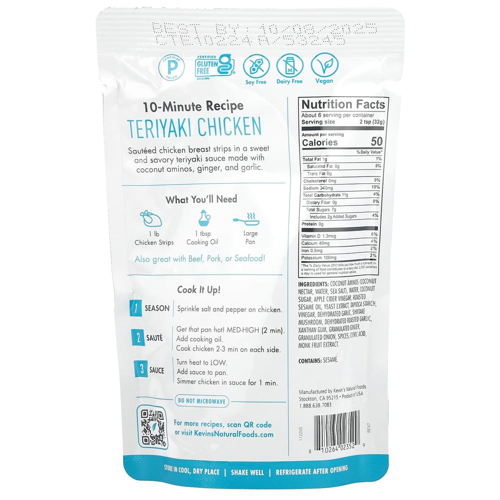 Kevins Natural Foods Teriyaki Sauce 198g (7oz)