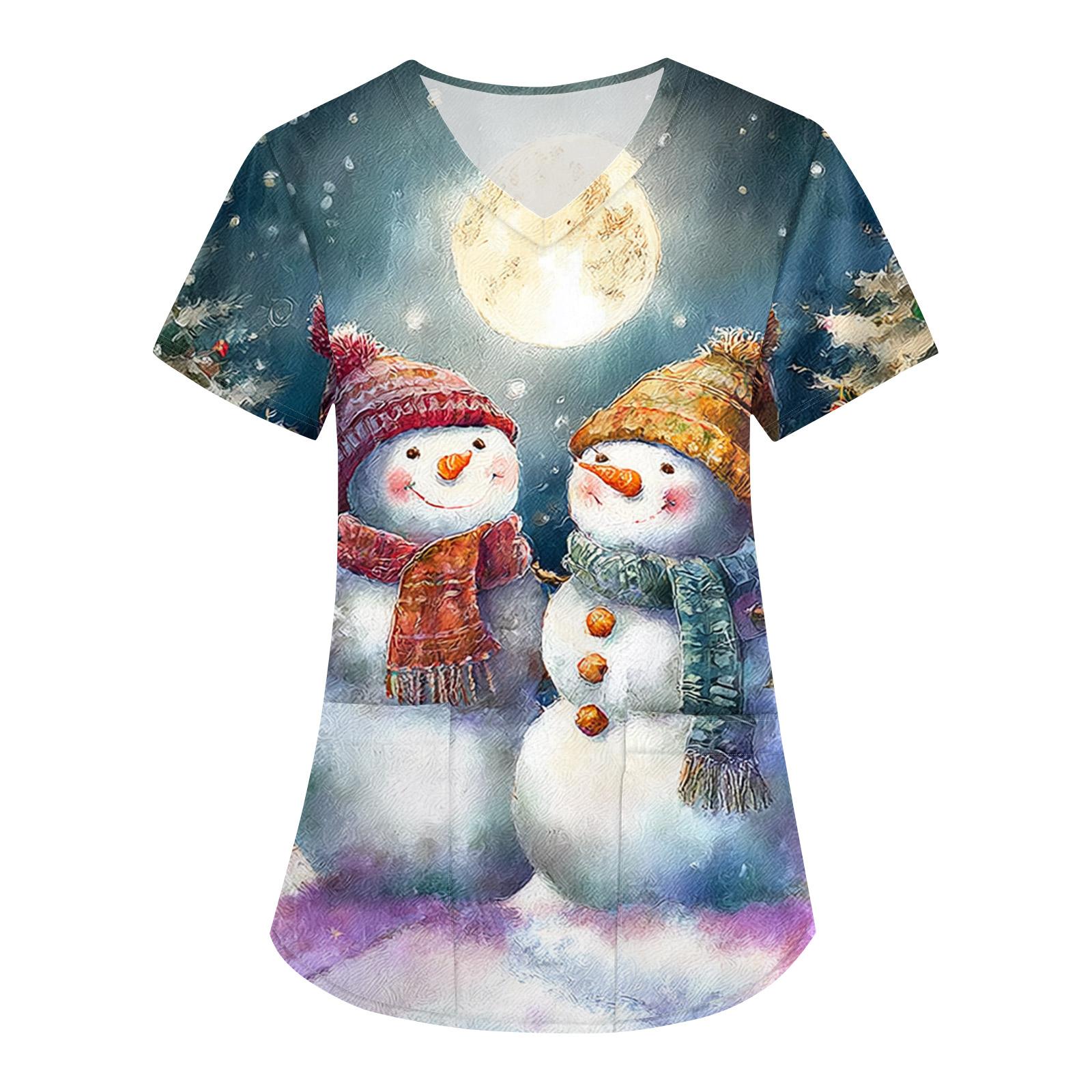 

Women s Christmas Print Loose V-Neck Pocket Short-Sleeved Uniform XXXL