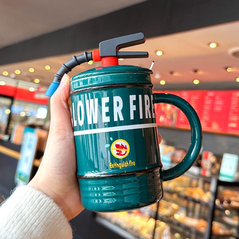 Fire Extinguisher Ceramic Cup Creative Personality Trendy Design Office Coffee Mug Funny Cup with Lid and Spoon 480ml