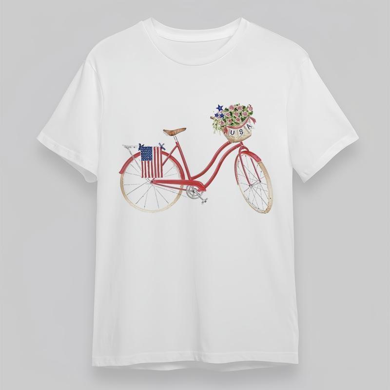Women's Trend Unique Classic T-Shirt USA Flag Bicycle With Flowers Cotton Tee