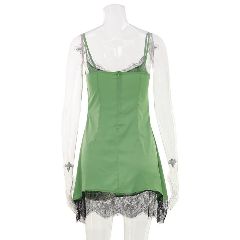 Women's Spice Girl Wind Lace Splicing Pure Desire Suspender Satin A-Word Dress Green Sexy Skinny Short Skirt