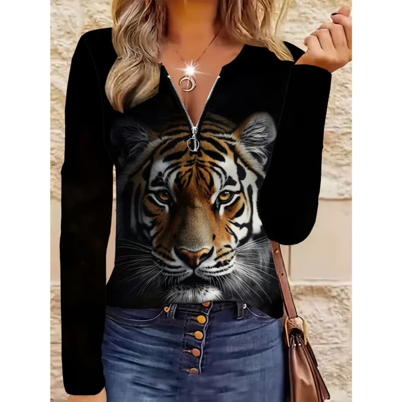 Women's Creative Printed Zipper Long-sleeved T-shirt, Breathable, Soft and Comfortable, Suitable for All-year-round Casual Wear
