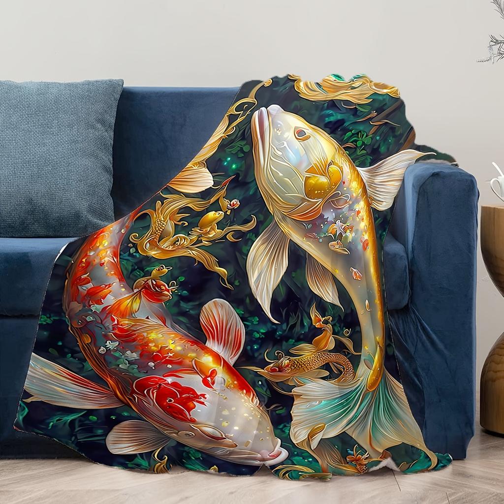 Chinesische Koi-Decke - Ultra-weiche Flanell-Sofa-Überwurfdecke, Luxuriös Rot/Gold/Grün/Blau, Ganzjahres-Wärme, Künstlerisches Teppichdesign