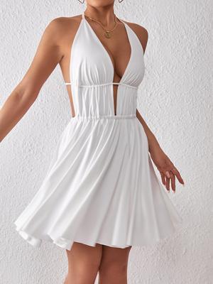 V Neck Mini Halter Dress Sleeveless Solid Dresses Women Causal Dresses