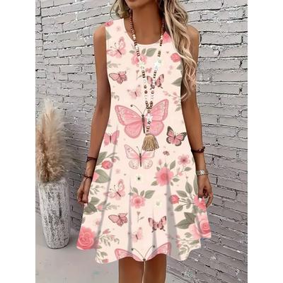 Butterfly Print Floral Sleeveless Summer Dress for Women Casual Beach Vacation Outfit Light Pink Rose Pattern A Line Mini Dress, Overseas Printing