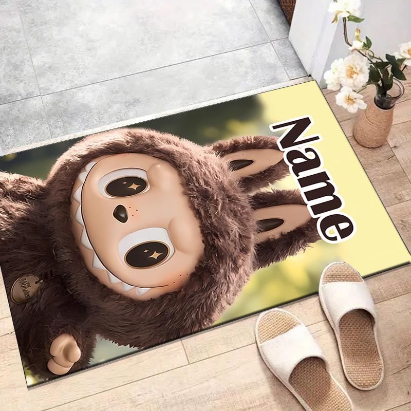 Custom Labubu Mat Personalized Name, Polyester Washable Indoor Entryway Rug, Gift for Christmas, Easter, Thanksgiving Day
