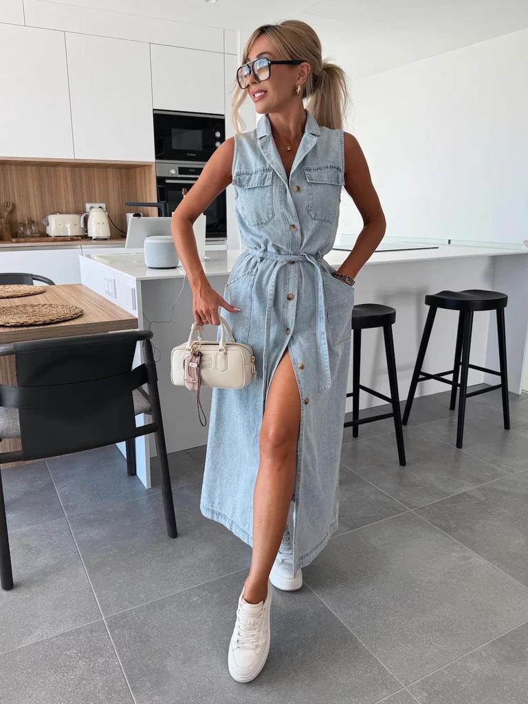 European & American Style Sleeveless Tie-Waist Denim Dress