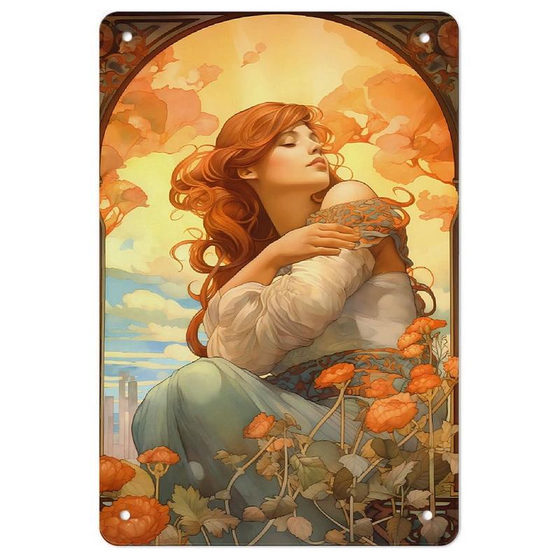 Vintage Metal Tin Signs Beauty-Art Nouveau Decorative Signs Four Seasons - Illustration Girl Retro Wall Decor Home Wall Signs