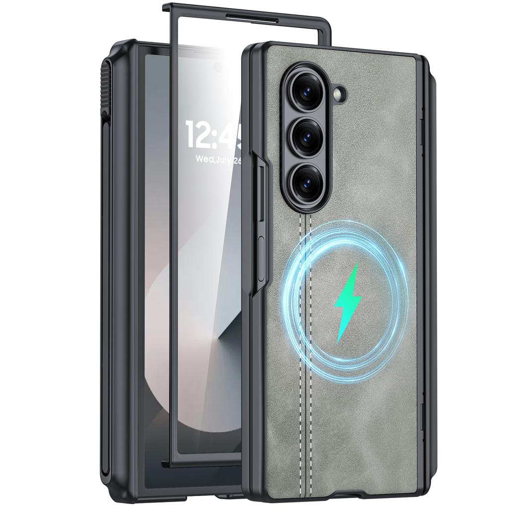 Protective Case with Hinge Protection S Pen Holder Built-in Screen Protector Leather Texture PC Cover for Samsung Galaxy Z Fold 6-Pink