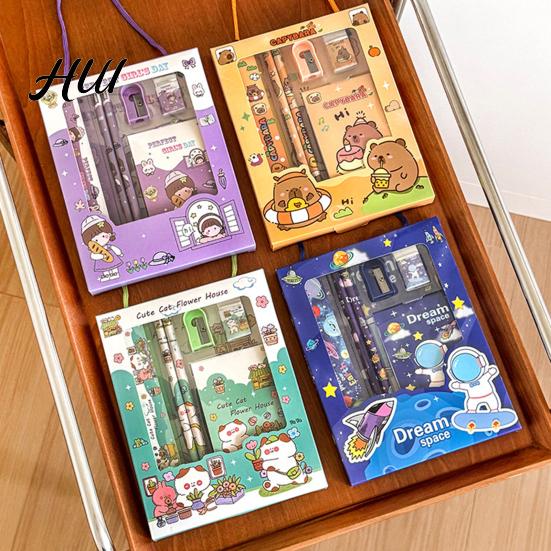 School Supplies Gift Set 6Pcs Cute Stationery Portable Box Kawaii Eraser Pencil Sharpener Cartoon Capybara Panda Design Complete Kids Students