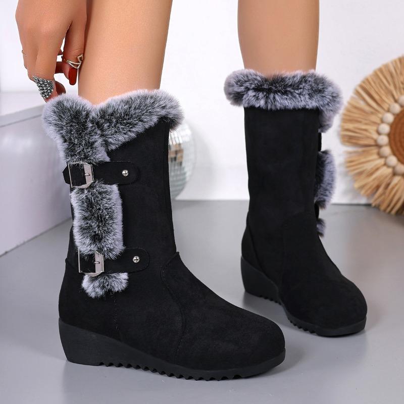 Fashion Women's Fashion Slope Heel Cotton Boots Winter New Round Head Suede Rivet Metal Buckle Soft Sole Non-slip Mid-calf Boots
