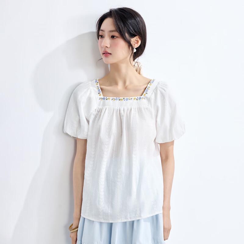 INMAN Women's French Embroidered Cotton Square Neck Puff Sleeve Blouse