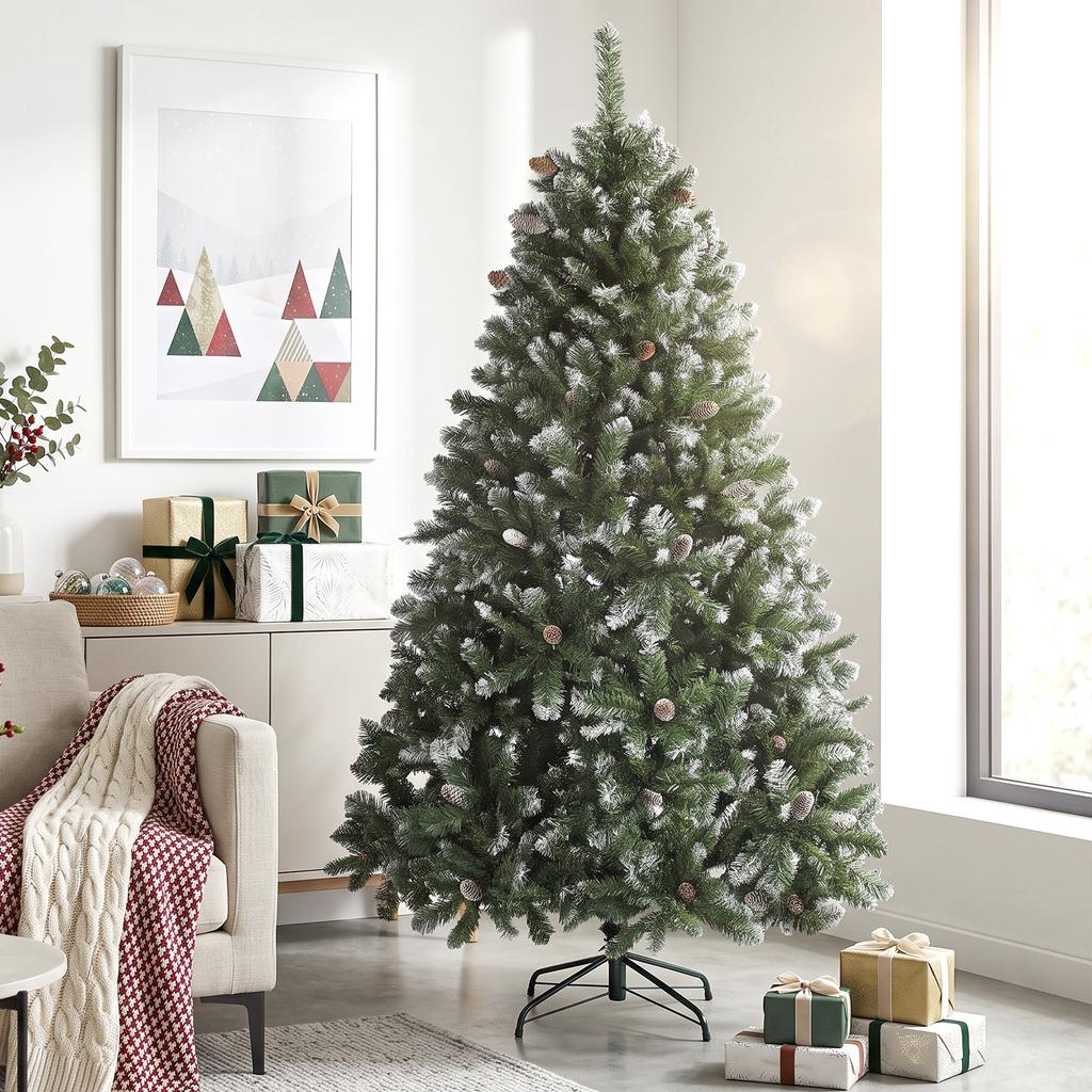 Artificial Christmas Tree 180cm with 910 Branches with Snow, 58 Pine Cones and Foldable Metal Stand, Easy Assembly, Green
