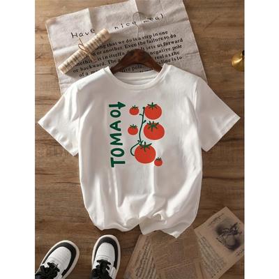 Unisex White T-Shirt with Tomato Design - Relaxed Fit Short Sleeve Summer Top Featuring Tomato and Leaf Graphics,