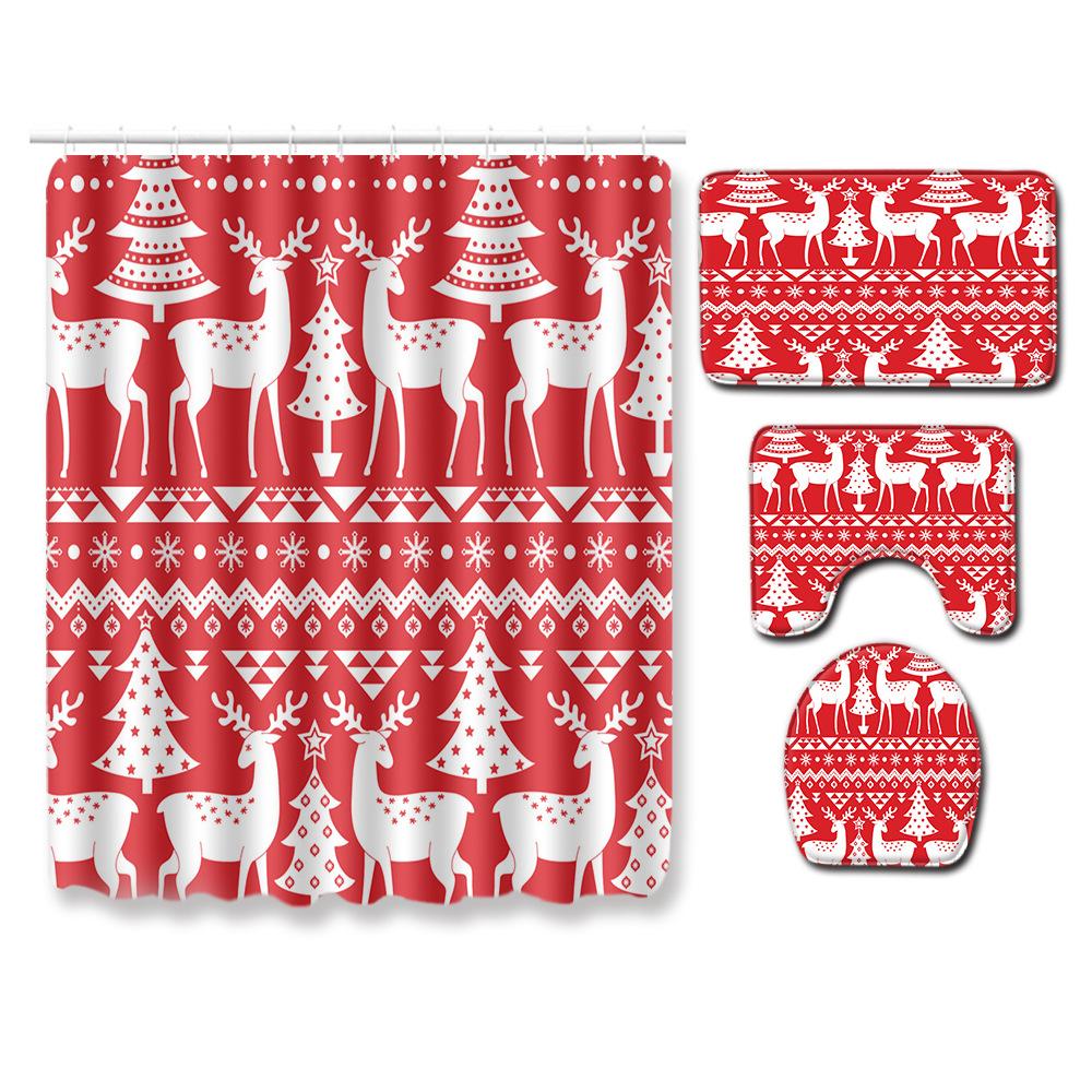 3D Digital Printing Christmas Waterproof Shower Curtain Four-Piece Bathroom Non-Slip Door Mat Toilet Absorbent Floor Mat Carpet