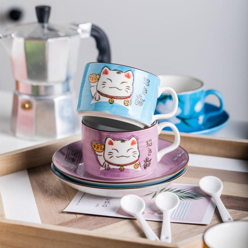 Coffee Cup Waterware Lucky Cat Dish Saucer Spoon Set Gift Box Japanese Green Handle Cartoon Tea Drinkware Home Kitchen Supplies