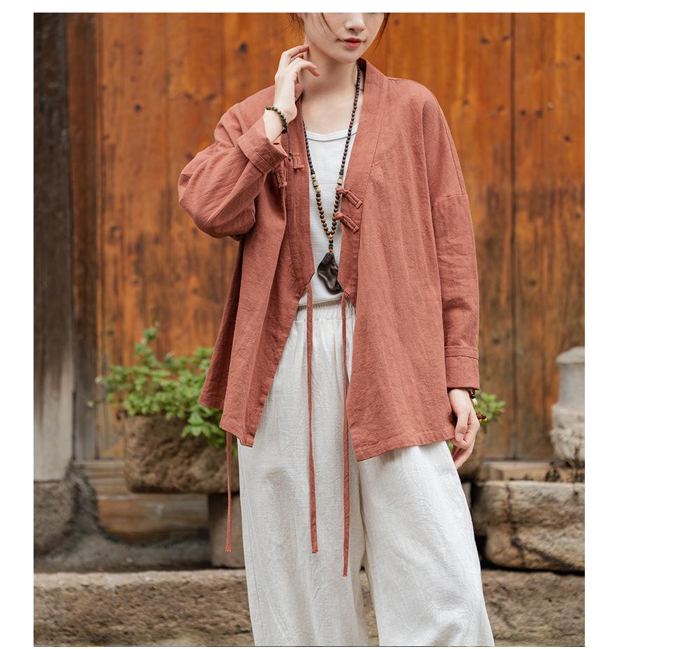 Ramie Sand-Washed Zen Style Hanfu Top – Women's Spring Edition, Cross-Collar, New Chinese Tea Art Design