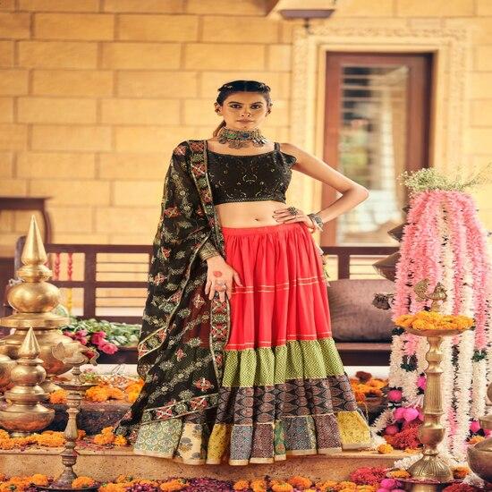 Vibrant Multi-Tiered Lehenga Set with Embellished Top & Dupatta