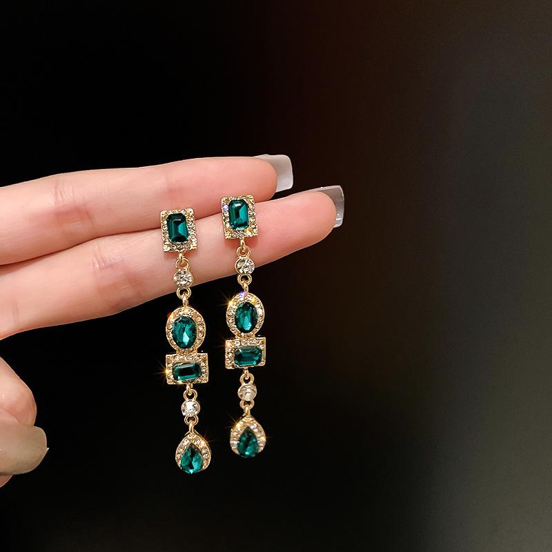 Advanced Temperament Elegant Rhinestones Eearrings for Women's Jewelry Accessories Gifts Silver Needle Medieval Green lGeometric Square Design Arrings