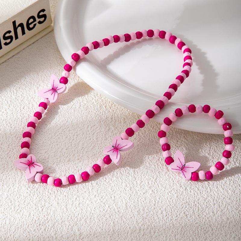 Korean Cute Wooden Bead Flower Butterfly Necklace Bracelet Set Sweet Kids Fashion Wooden Jewelry Accessories For Children
