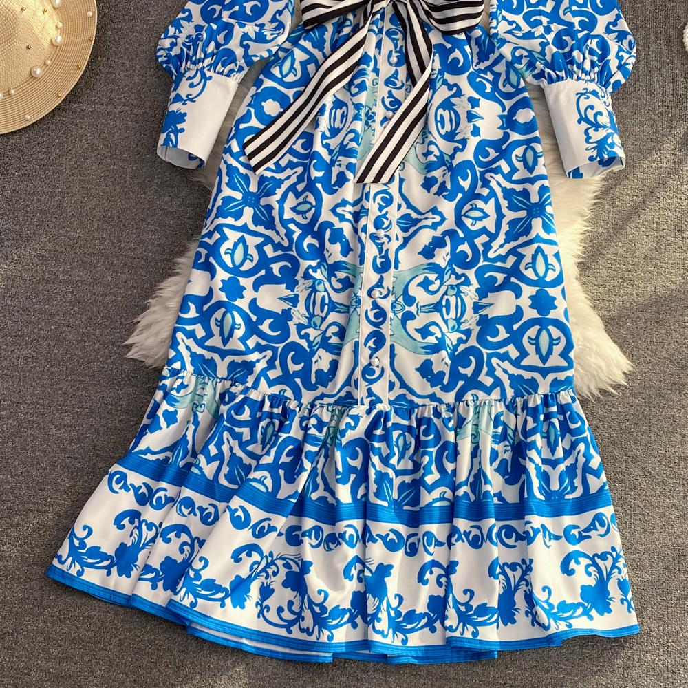 Podzimní móda Bohémský geometrický potisk květin Dlouhé společenské šaty maxi Dámské Popelín Stojánek Límec Lucerna Rukáv Šněrování Šaty na dovolenou