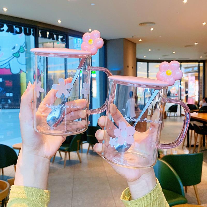 High value Japanese cherry blossom with lid spoon water cup high borosilicate high temperature resistant office women's large capacity glass summer