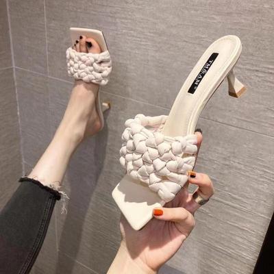 Slippers Women's New Models In the Summer of 2024 Korean Version Sweet Woven Hollow Breathable Fine Heel Slippers Women's Outer Wear