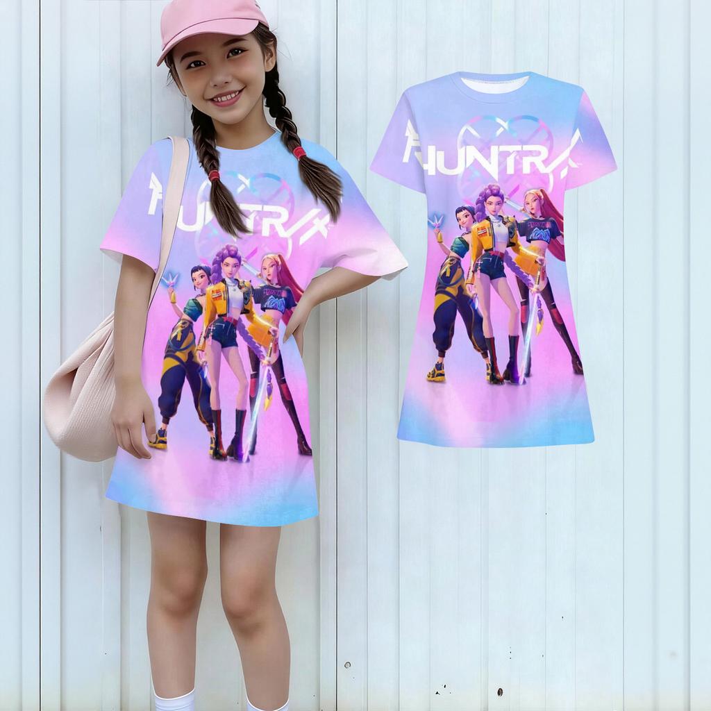 Girls Print Casual Dress Kids Loose Round Neck Short Sleeve Thin Sundress