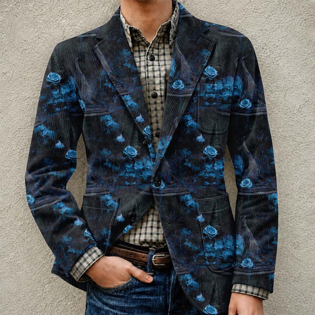 Men's Halloween Print Corduroy Warm Pocket Blazer Jacket Casual Suit Coat Lightweight Buttoned Front Outerwear for Fall Winter