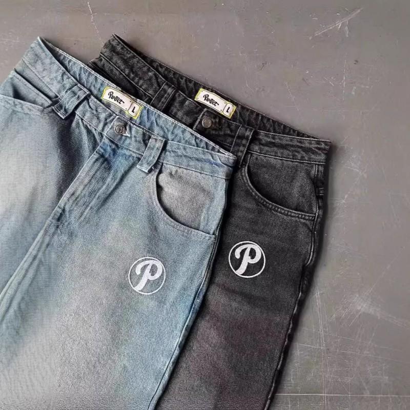 Loose Fit Straight Leg Denim Jeans Men - Washed Blue Black Gray Vintage Harajuku Hip Hop Style Mid Rise