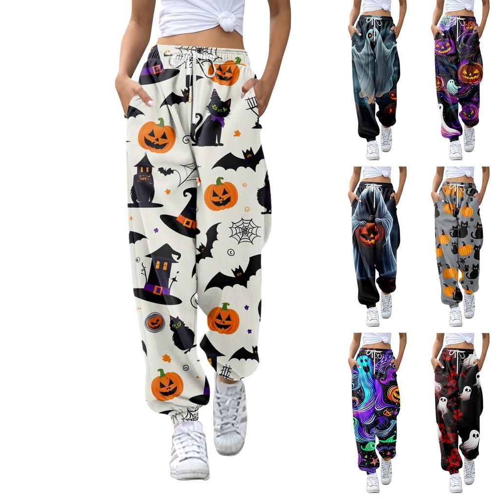 Women's Fashion Halloween Loose Drawstring Waist Solid Color Casual Sports Pants
