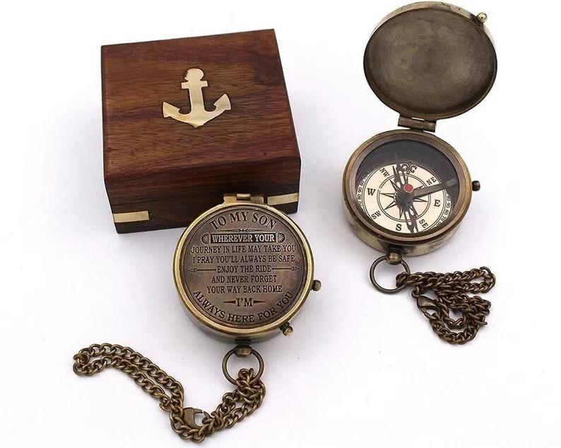 Engraved Brass Compass with Wooden Box - Vintage Maritime Direction Map Style