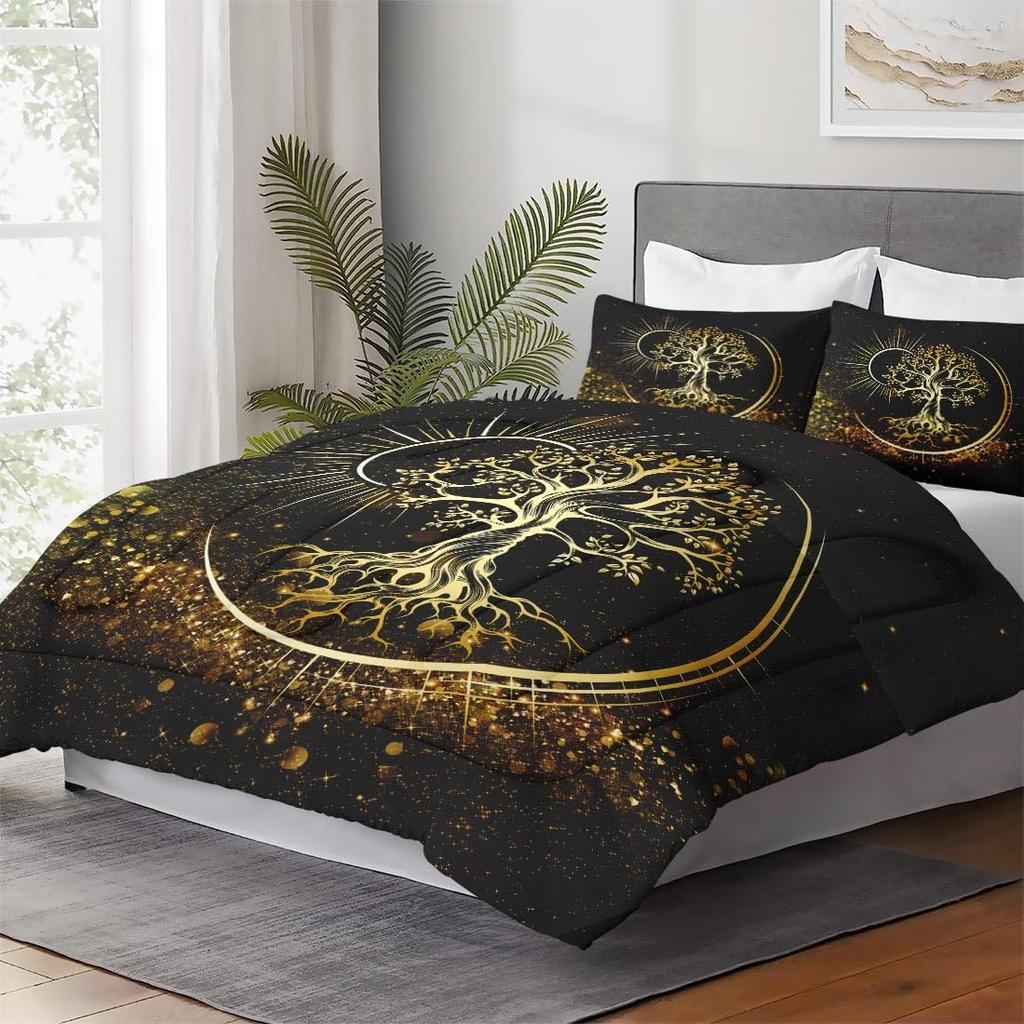 Queen Size Comforter Set with 2 Pillowcases Nature Tree of Life 3 Pcs Bedding for Kids and Adults Black Sun and Moon Soft