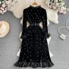 Balck Hepburn Sweet Style Women's Dress Flare Long Sleeve Diamond Stand Velvet High Waist A-line Dresses Autumn Winter Fashion Design Party Clothes