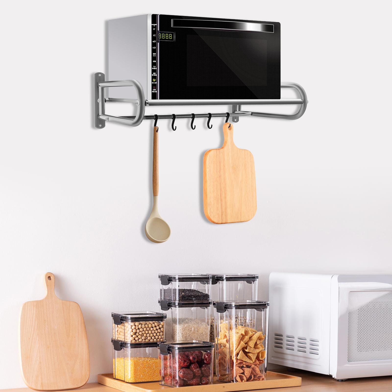 Bymaocar Stainless Steel Microwave Utensils Bracket Wall Mounted Kitchen Bathroom Storage Rack W 6 Hooks and Thickened Shelves M 1-tier серебряный 14240₽