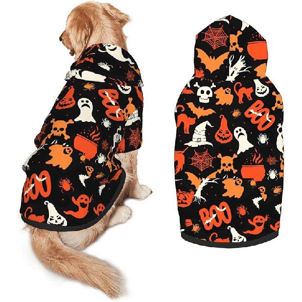 Halloween Dog Costume, Pumpkin Ghost Print Hoodie Winter Halloween Cosplay Clothes Sweaters Outfits Pullover Pets  Sweatshirt Hoodies with Pocket for Medium