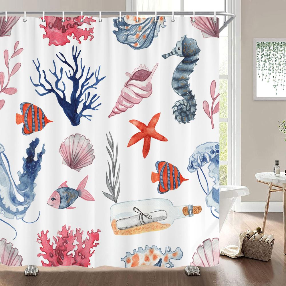 1 Pack Cartoon Turtle,Dolphin,Whale Printing Shower Curtain Partition Bathroom Curtain With Hooks Home Decorative Curtain