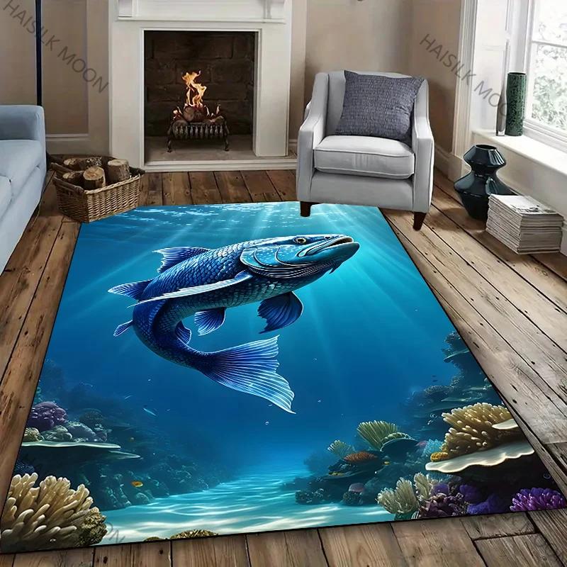 Multiple Deep Sea Fish Printed Carpet Rugs for Living Rooms Bedrooms, Office Areas, All Season Mat, Marine Fish Lovers Rugs Gift