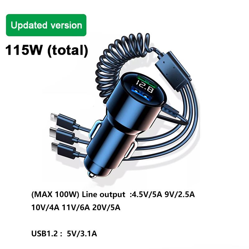 

Автомобильное зарядное устройство SEAMETAL 230 Вт с кабелем для быстрой зарядки 3 в 1 PD Type C QC3.0 USB C Автомобильное зарядное устройство для телефона для Samsung Iphone Xiaomi 115W(Dual USB) чёрный