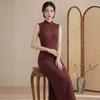 Retro Burgundy Sleeveless Cheongsam Women's Summer 1011 New Improved Young Engagement Wedding Temperament Long Dress