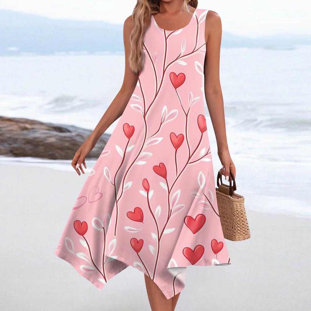 Lässiges, modisches Damen-Midikleid mit Rundhalsausschnitt, ärmellosem Aufdruck und unregelmäßigem Saum