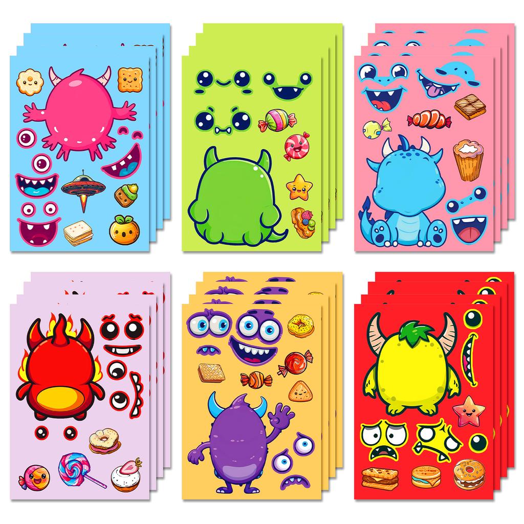 Boutique 6 Little Monster Diy Face Changing Puzzle Stickers Children'S Classroom Enlightenment Interactive Handmade Waterproof Stickers