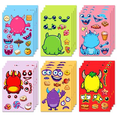 Boutique 6 Little Monster Diy Face Changing Puzzle Stickers Children'S Classroom Enlightenment Interactive Handmade Waterproof Stickers